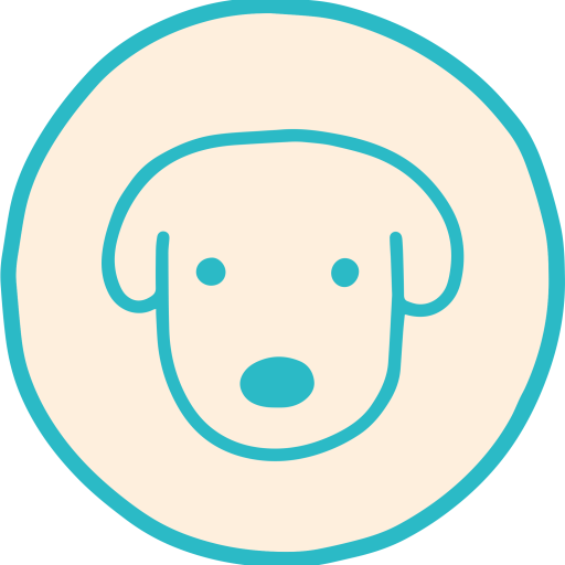 Simple dog head in tan circle with blue-teal border.